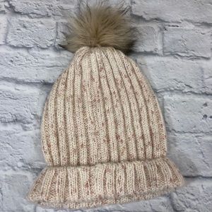 Betsey Johnson tan knit hat Pompom top Stretchy Faux Fur